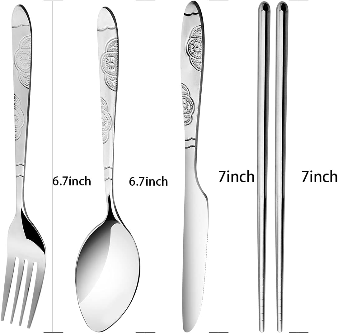 Arroyner 3 Pack Reusable Flatware Sets Knife, Fork, Spoon, Chopsticks, 12Pcs Portable Travel Stainless Steel Tableware Dinnerware with Carrying Case - Image 2