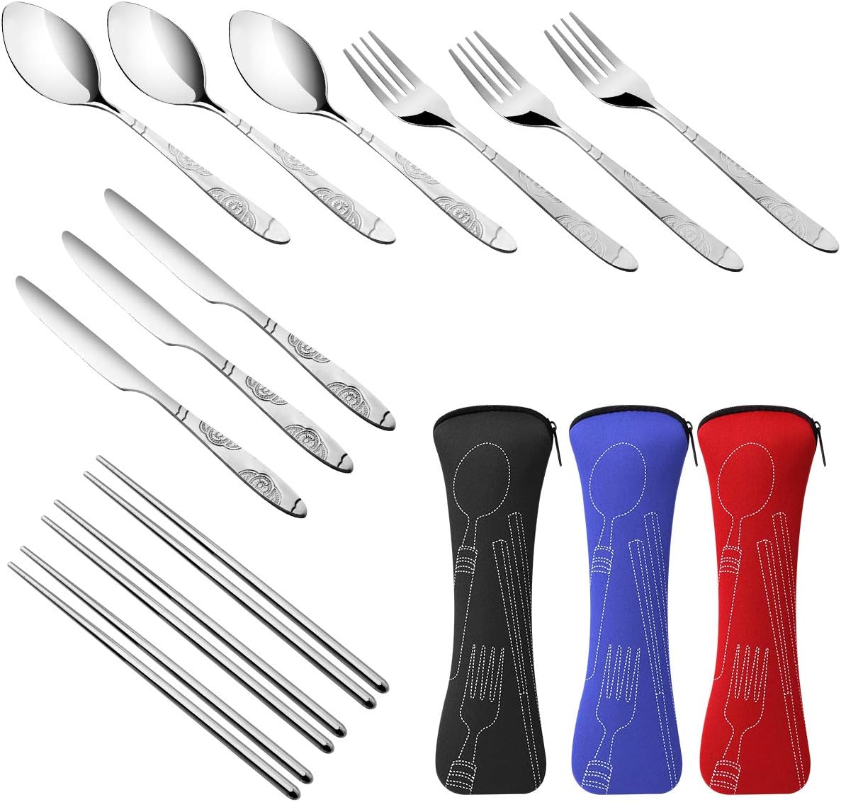Arroyner 3 Pack Reusable Flatware Sets Knife, Fork, Spoon, Chopsticks, 12Pcs Portable Travel Stainless Steel Tableware Dinnerware with Carrying Case - Image 3