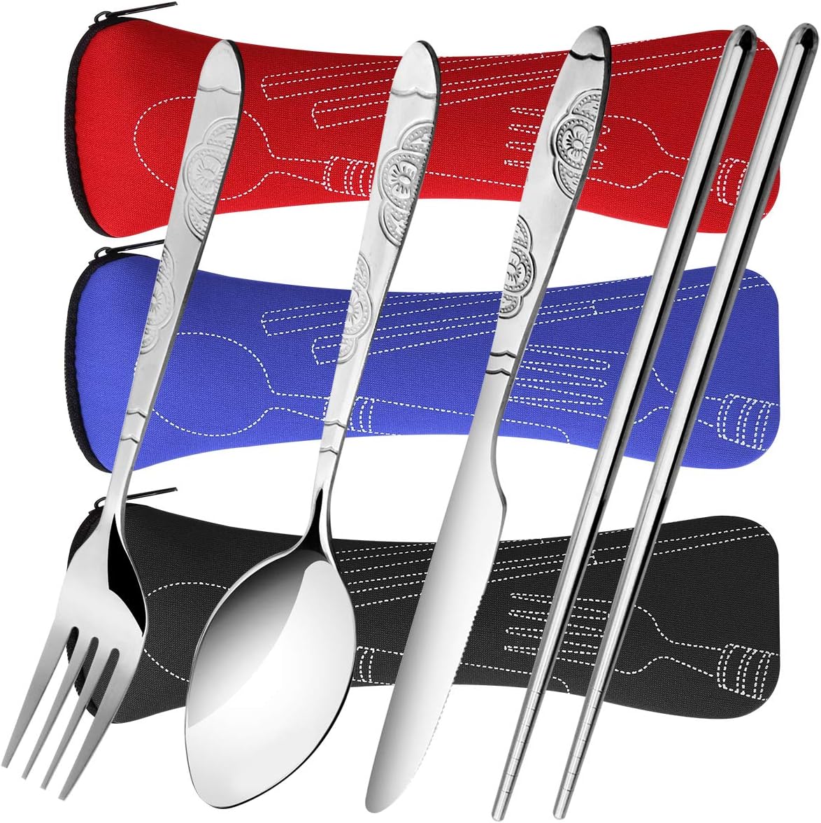 Arroyner 3 Pack Reusable Flatware Sets Knife, Fork, Spoon, Chopsticks, 12Pcs Portable Travel Stainless Steel Tableware Dinnerware with Carrying Case - Image 4
