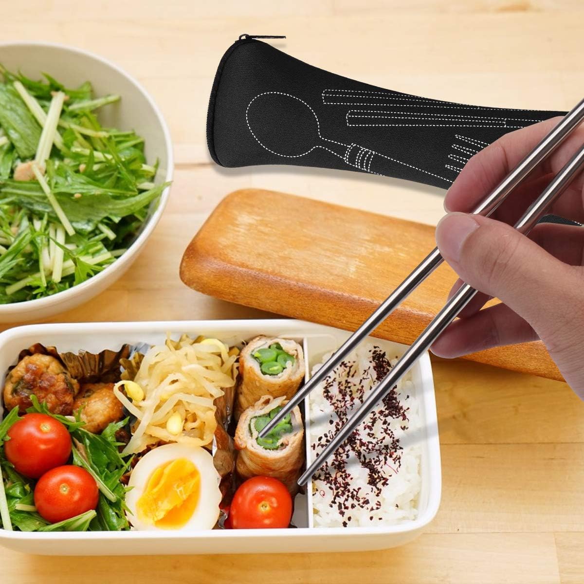 Arroyner 3 Pack Reusable Flatware Sets Knife, Fork, Spoon, Chopsticks, 12Pcs Portable Travel Stainless Steel Tableware Dinnerware with Carrying Case - Image 5