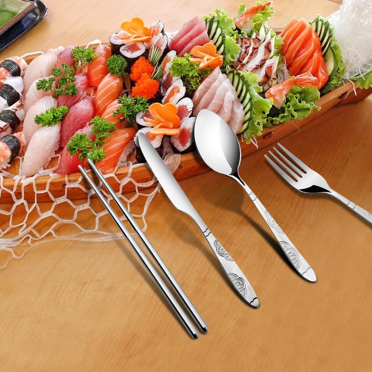 Arroyner 3 Pack Reusable Flatware Sets Knife, Fork, Spoon, Chopsticks, 12Pcs Portable Travel Stainless Steel Tableware Dinnerware with Carrying Case - Image 6