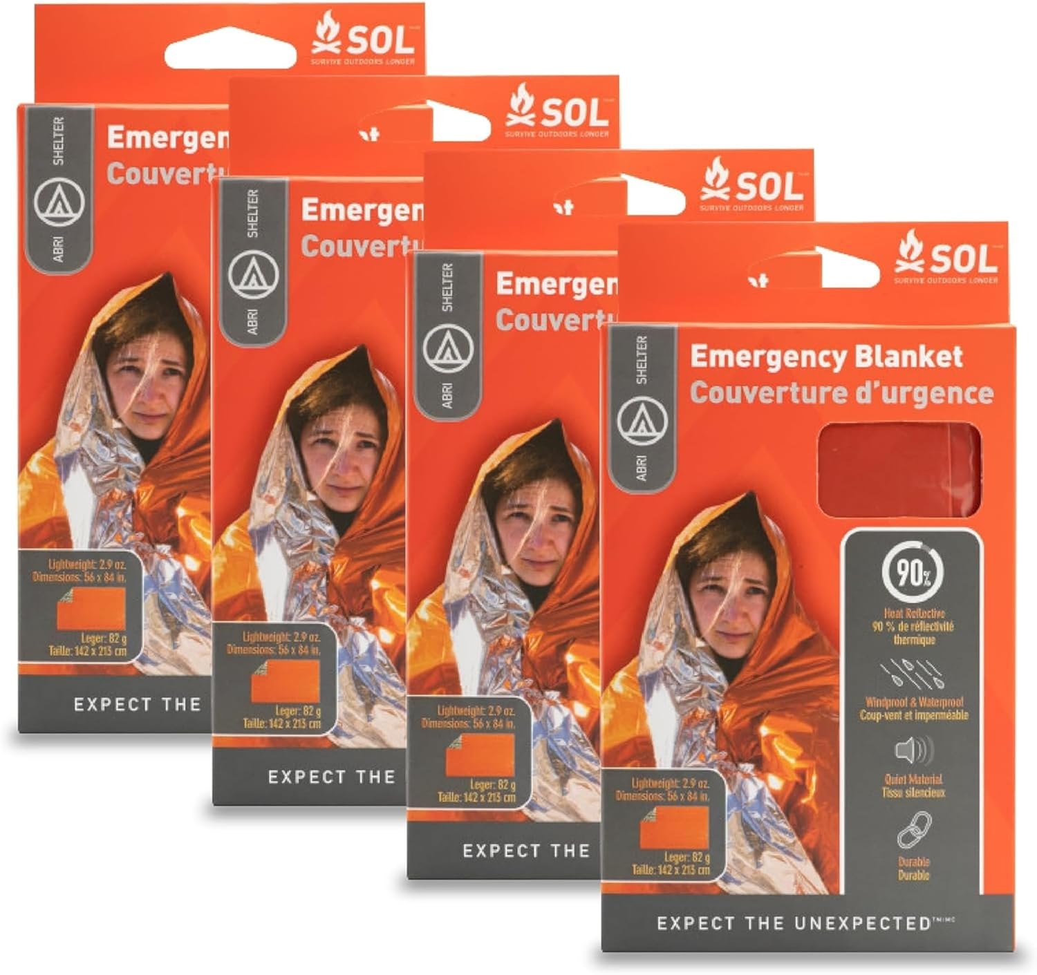 Survive Outdoors Longer 90% Heat Reflective Emergency Blanket - Polyethylene Rescue Blanket - Disaster Preparedness or Outdoor Survival Kit - Waterproof & Windproof - 56" x 84", 5.9 oz, Orange, 4 Pack