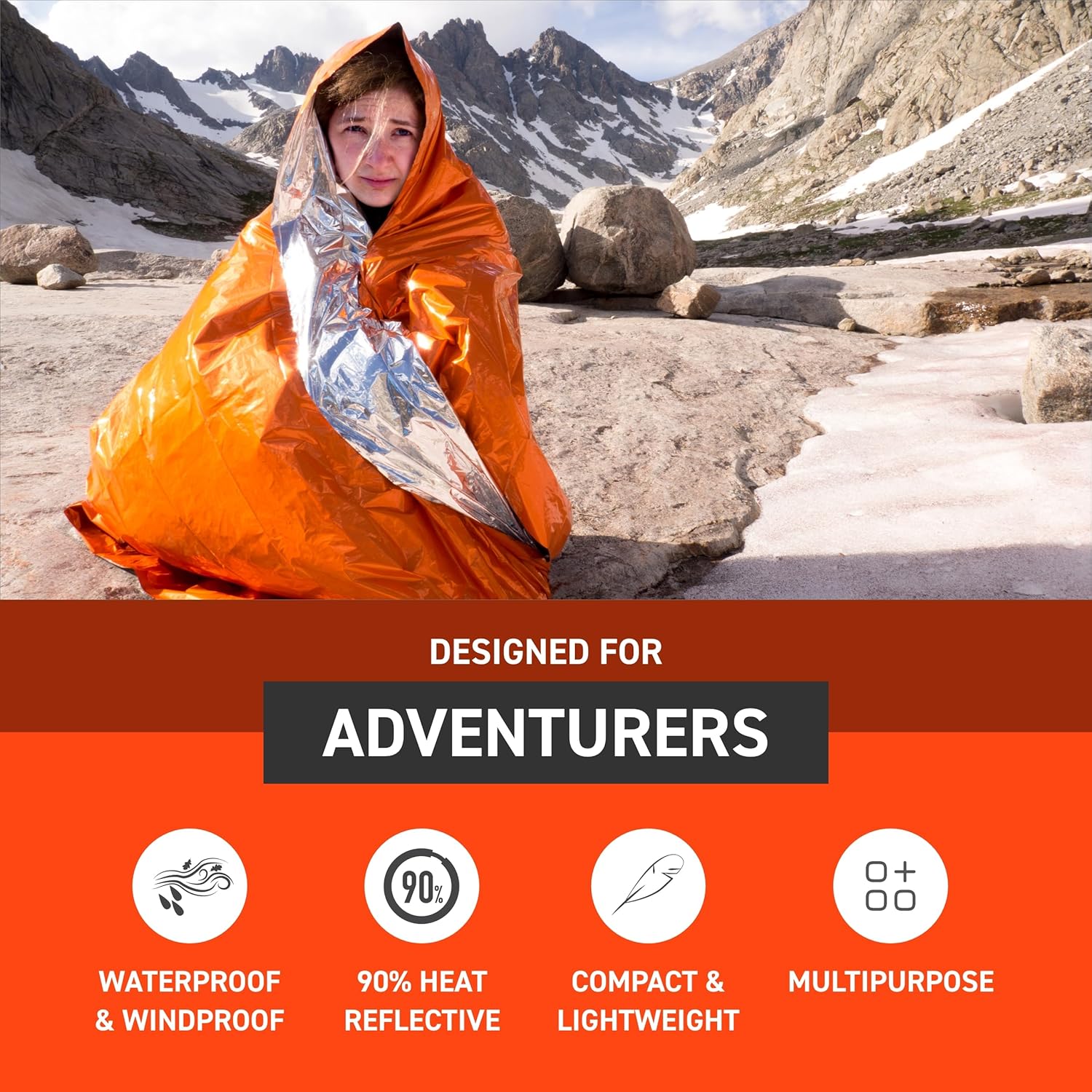 Survive Outdoors Longer 90% Heat Reflective Emergency Blanket - Polyethylene Rescue Blanket - Disaster Preparedness or Outdoor Survival Kit - Waterproof & Windproof - 56" x 84", 5.9 oz, Orange, 4 Pack - Image 2