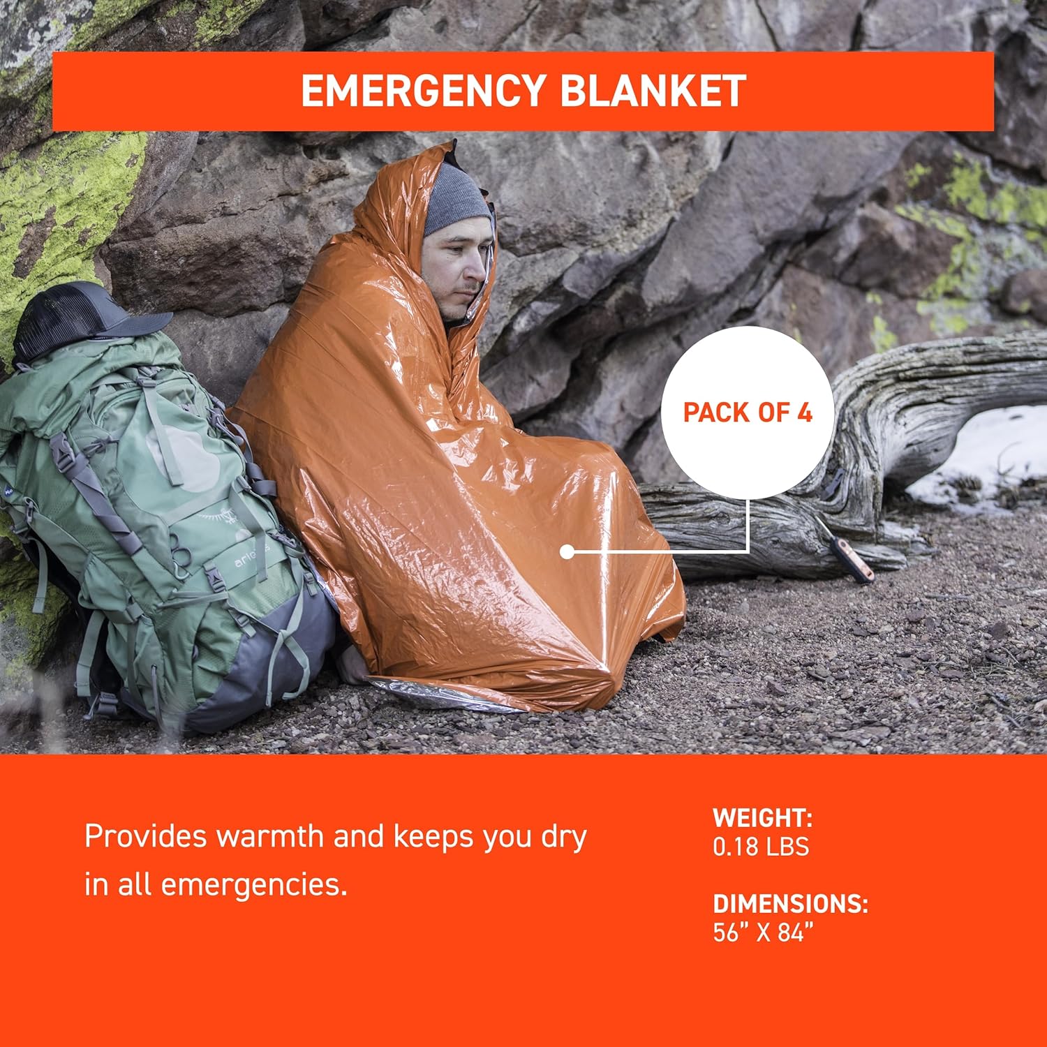 Survive Outdoors Longer 90% Heat Reflective Emergency Blanket - Polyethylene Rescue Blanket - Disaster Preparedness or Outdoor Survival Kit - Waterproof & Windproof - 56" x 84", 5.9 oz, Orange, 4 Pack - Image 3
