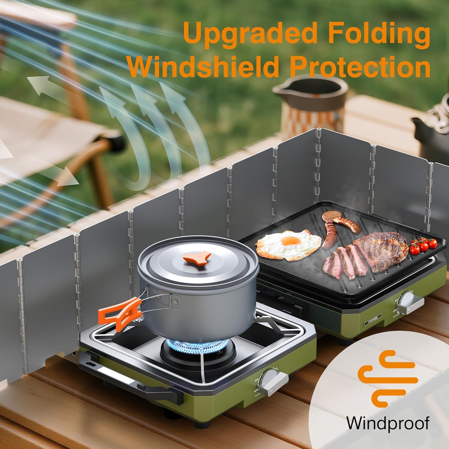 ODSD 2 Burner Camping Stove with Windshield, 20000 BTU Propane Camp Stove, Portable Folding Gas Stove, Camping Essentials Gear Includes Frying Pan, Coffee Stand & Carry Bag, Green - Image 2