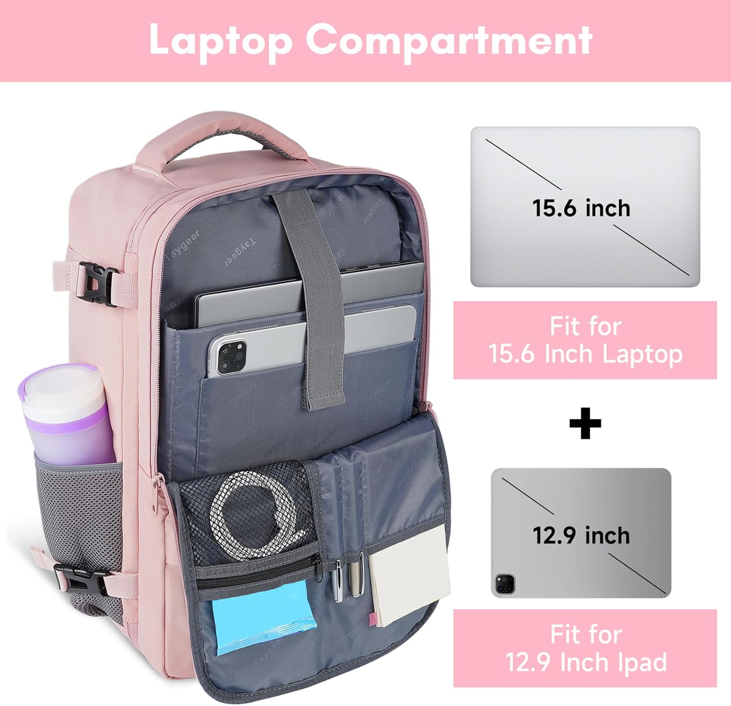 Taygeer Travel Backpack for Women, Carry On Backpack with Water Bottle Pocket & Shoe Pouch, TSA 15.6inch Laptop Mochila Flight Approved, Nurse Bag Casual Daypack for Weekender Business Hiking, Pink - Image 5