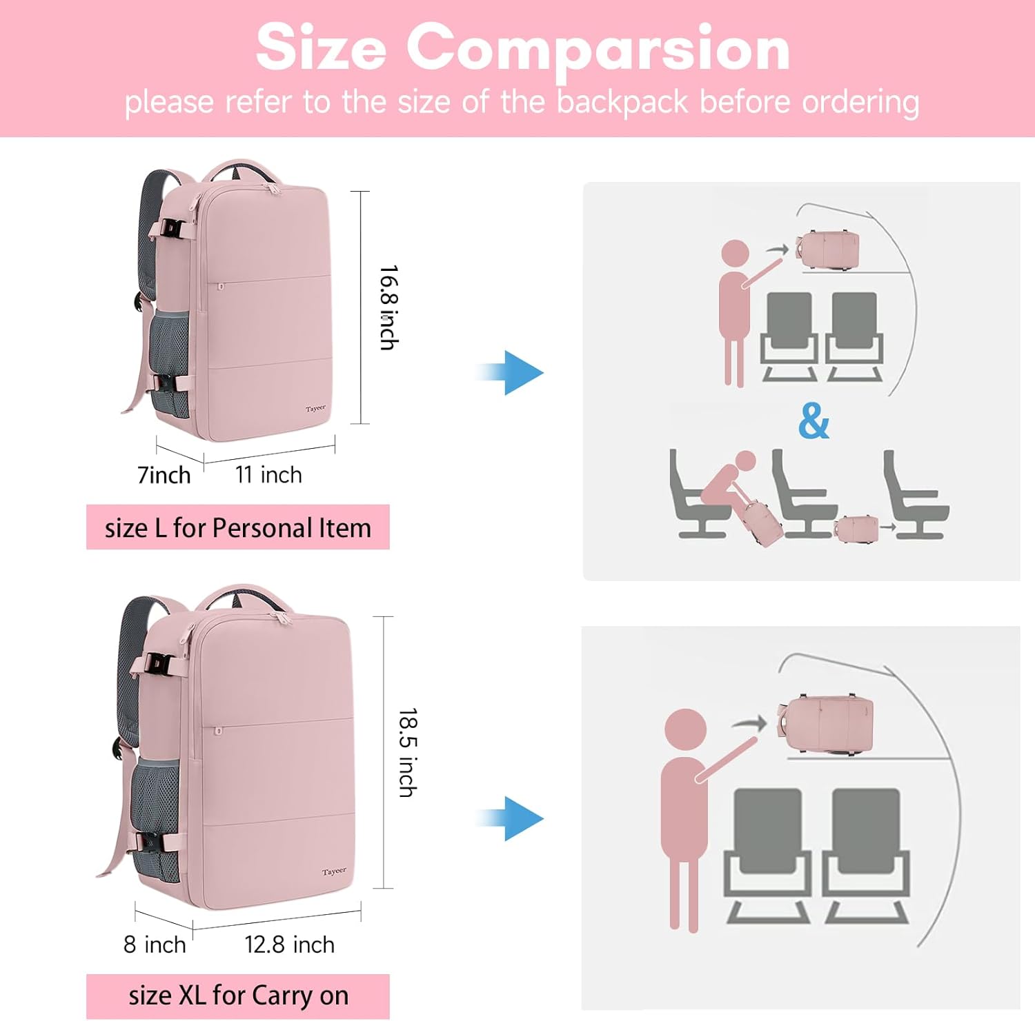 Taygeer Travel Backpack for Women, Carry On Backpack with Water Bottle Pocket & Shoe Pouch, TSA 15.6inch Laptop Mochila Flight Approved, Nurse Bag Casual Daypack for Weekender Business Hiking, Pink - Image 6