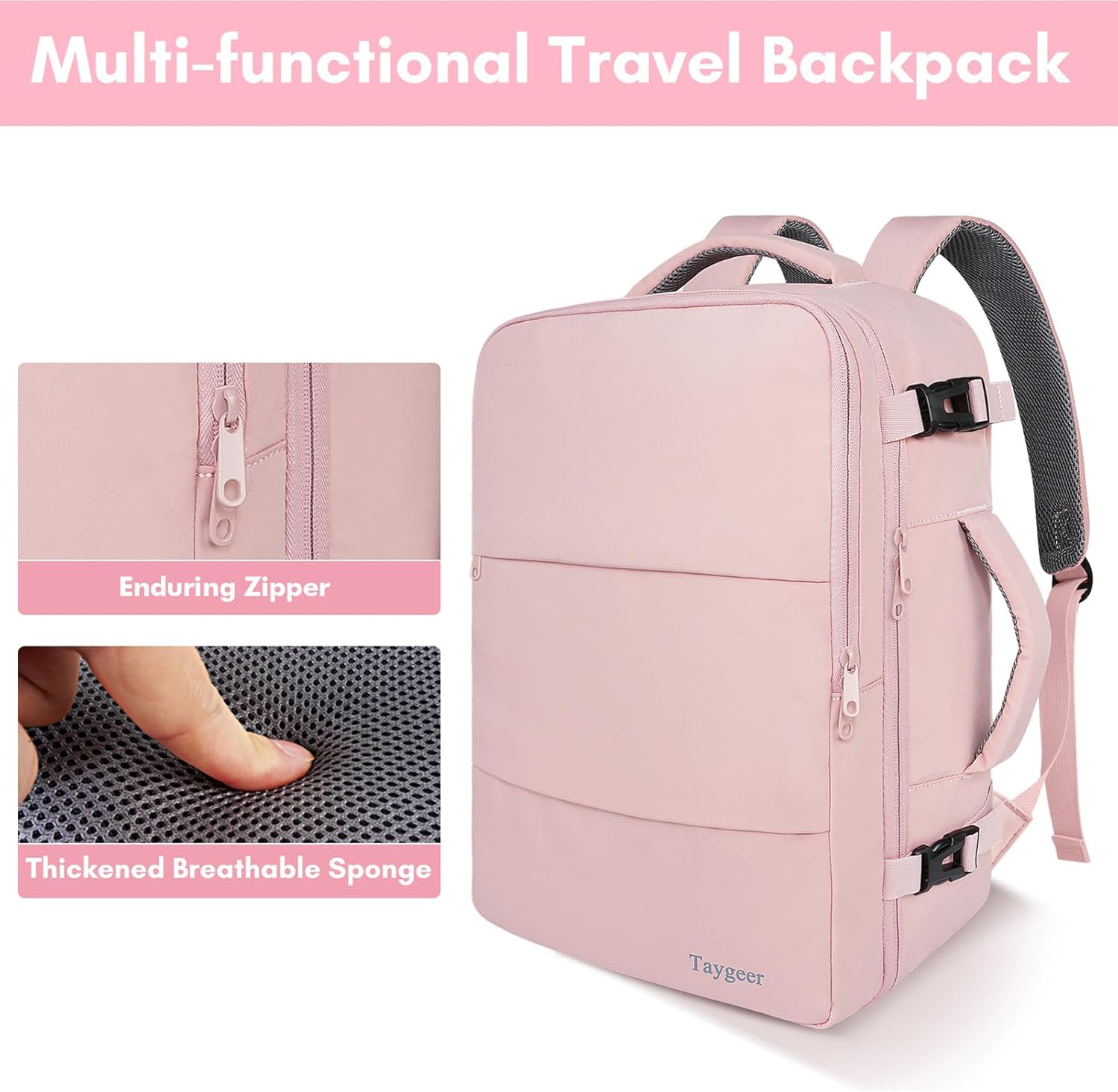 Taygeer Travel Backpack for Women, Carry On Backpack with Water Bottle Pocket & Shoe Pouch, TSA 15.6inch Laptop Mochila Flight Approved, Nurse Bag Casual Daypack for Weekender Business Hiking, Pink - Image 8